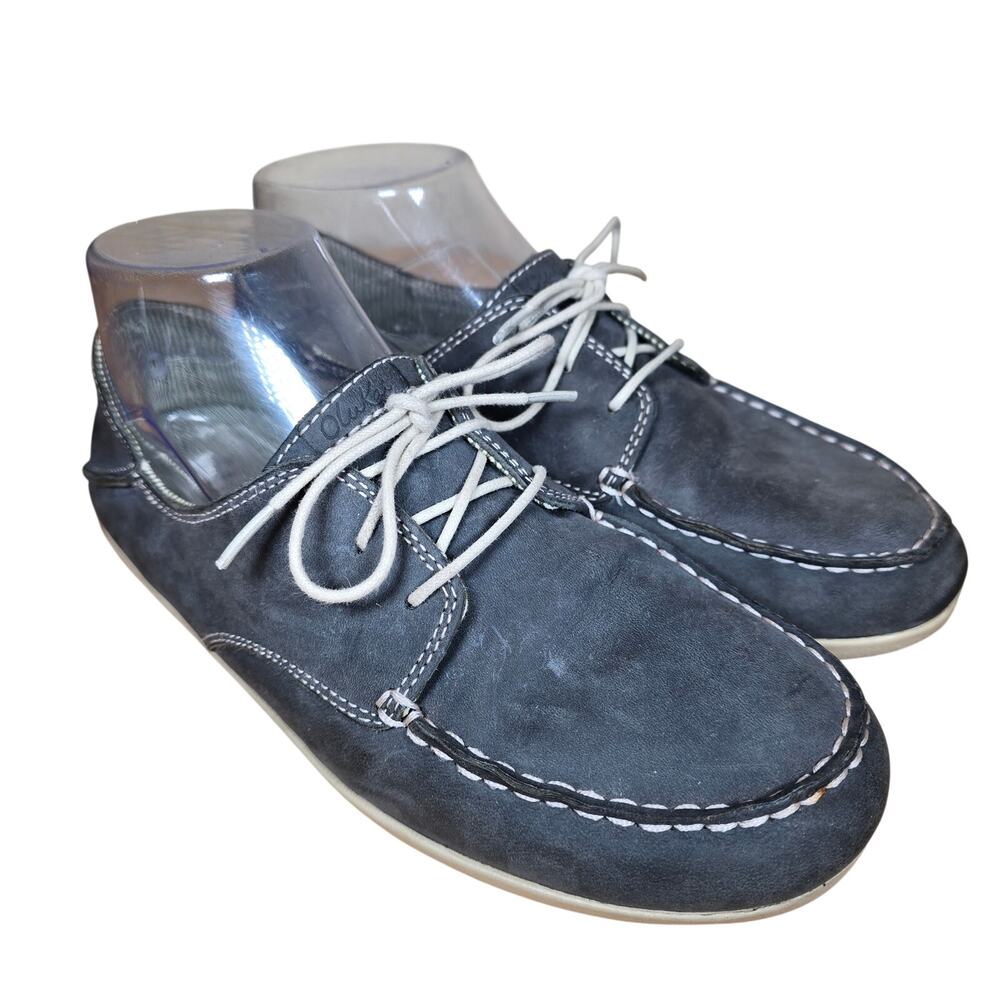 Olukai Women Heleuma Gray Leather Boat Deck Shoes Size 7.5 Lace Up Casual Hawaii